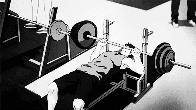 Illustration: a figure pressing a loaded barbell on a bench