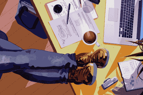 Overhead illustration of a desk: laptop, notes, coffee and a pair of boots up on the table