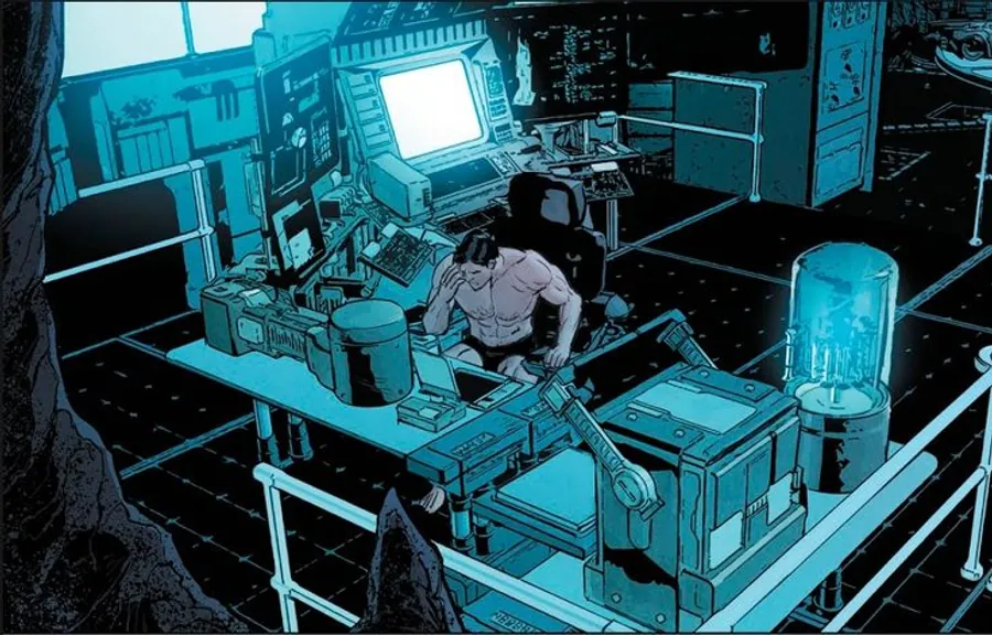 Illustration: a lone figure at a cluttered workstation of monitors and machinery, lit blue