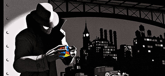 Noir illustration: a figure in a hat and coat solving a Rubik's cube against a city skyline