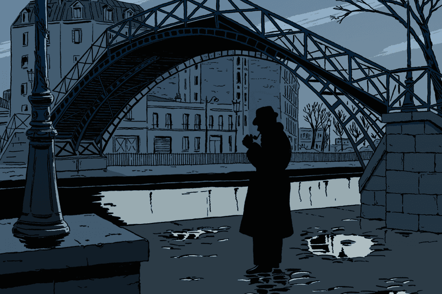 Engraving: a figure in a long coat and hat pauses beneath an iron footbridge on the embankment at night